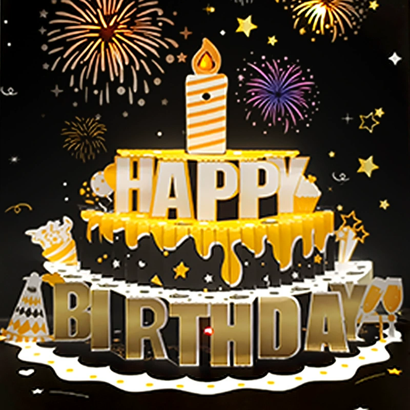 Музыкальная 3D-открытка с эффектом фейерверка, световыми эффектами и звуковыми сопровождениями, в виде торта на день рождения
