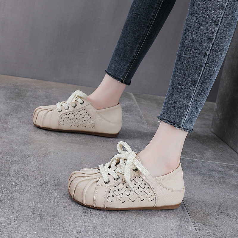 Giày lười nữ da bò thật kiểu dệt vintage đế bệt buộc dây hở mũi thoáng khí — màu nâu