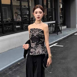 2411新中式中国风黑色印花抹胸上衣外穿无袖上衣修身收腰辣妹背心