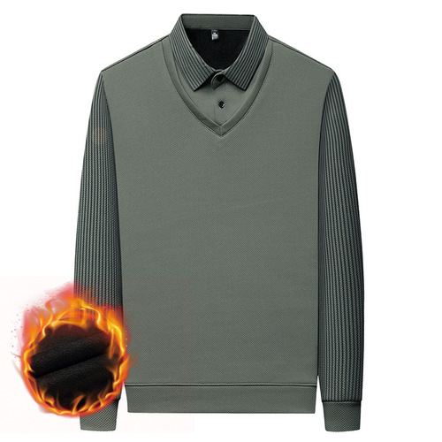Autumn/Winter Men's Fleece Lined Thick Two-Piece Top Men's Long-Sleeve T-Shirt Casual Striped Polo Shirt