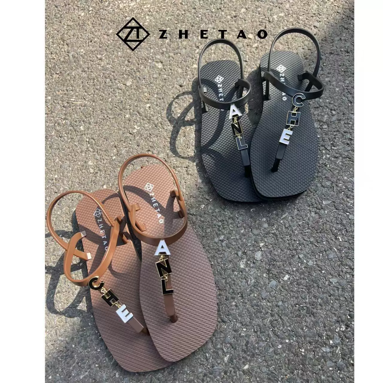 Zhetao2024 новый стиль ножки сандалии резиновые нескользящие плоские донные ins ветер дикий пляж повседневные сандалии