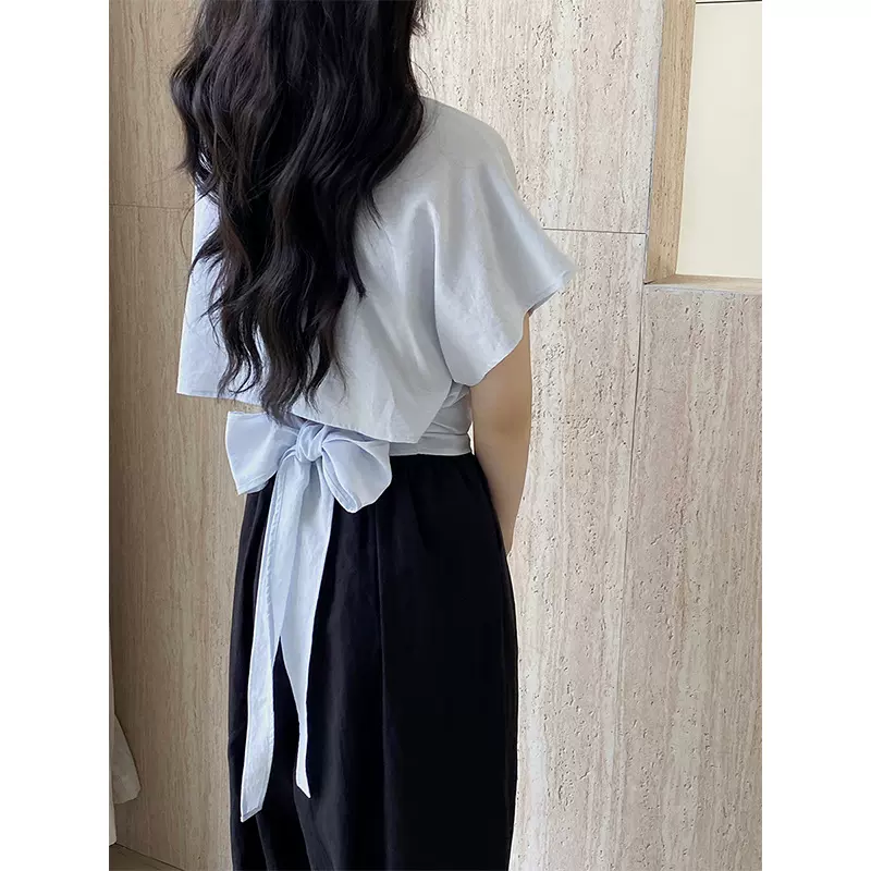 江左 韩版后绑带收腰圆领短袖女2025夏季小个子显瘦女式衬衫 1572