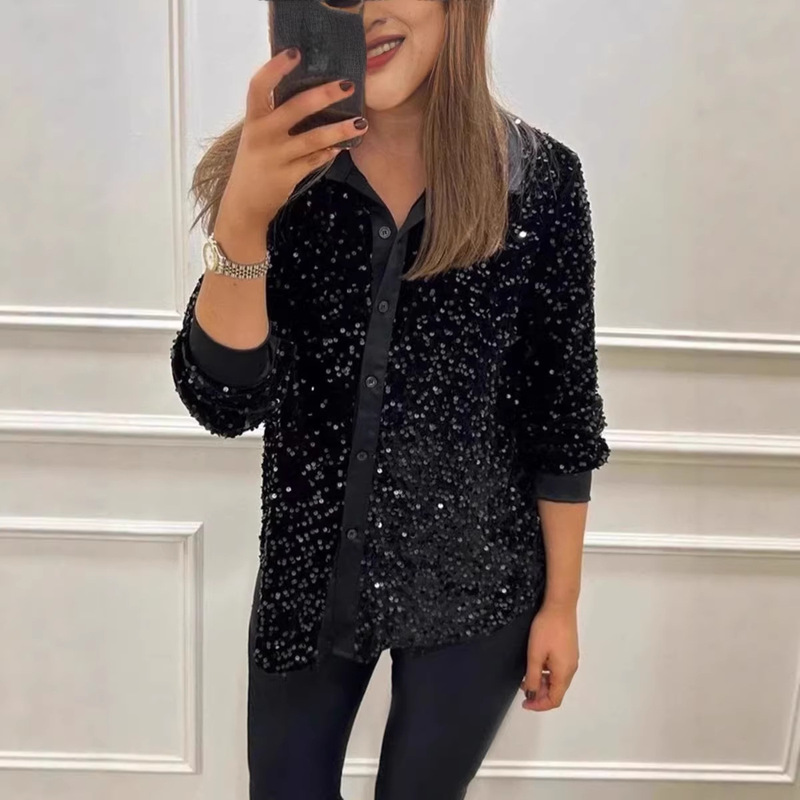 Amazon's New Women's Clothing European and American Cross-Border Fashion Lapel Long-Sleeved Button-Down Solid Color Sequined Shirt Top Amazon's New Women's Clothing European and American Cross-Border Fashion Lapel Long-Sleeved Button-Down Solid Color Sequined Shirt Top