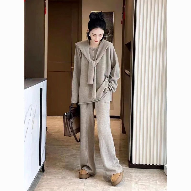 秋冬新款宽松显瘦套头针织套装女2025年直筒阔腿长裤纯色三件套潮|undefined