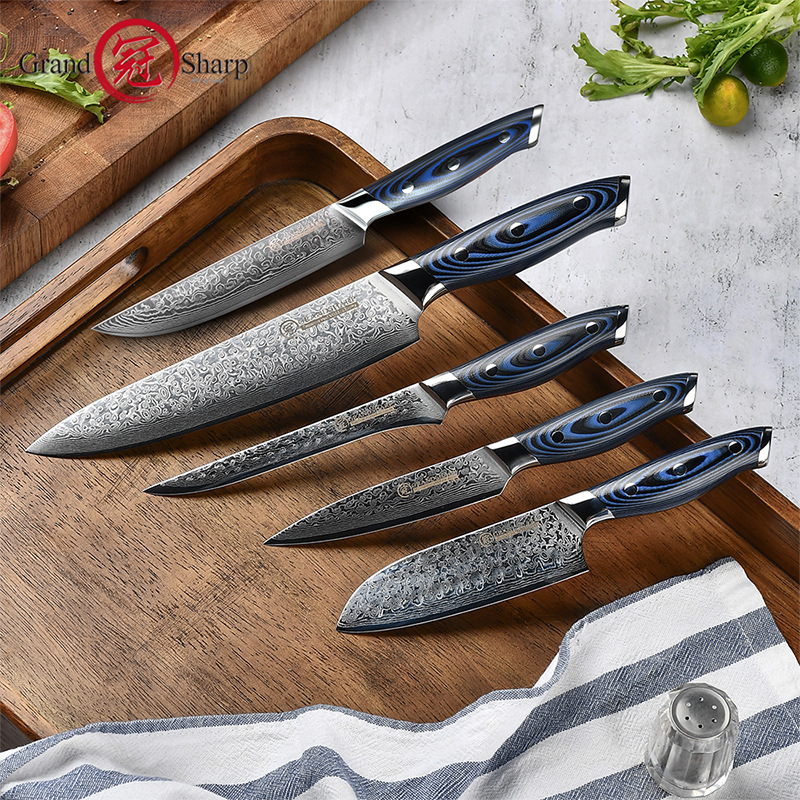 Blue And Black G10 Handle Knife Set8-inch67-layer Damascus Steel Chef's Knife5-inch Universal Knife Fruit Knife