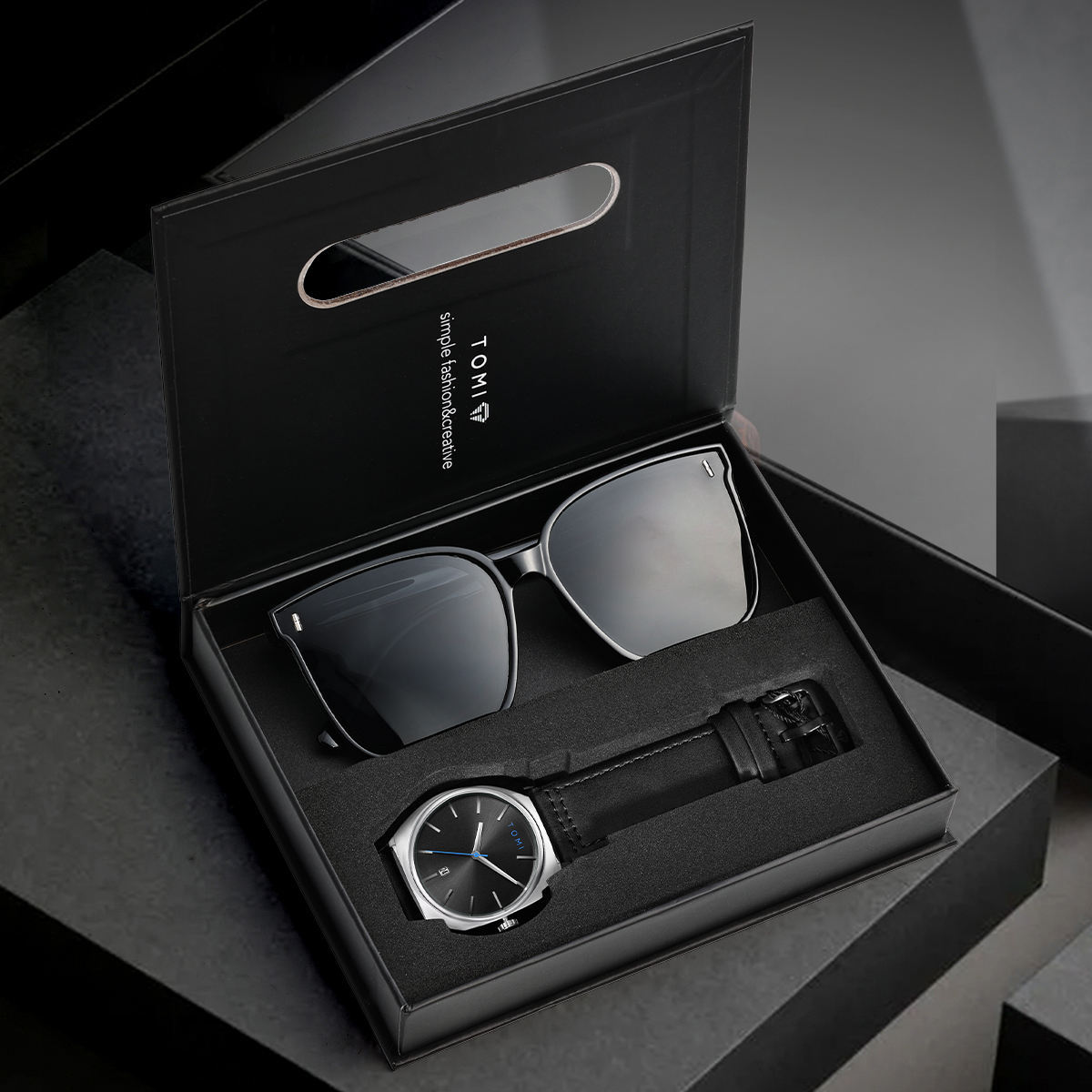 Tomi Men's Luxury Quartz Watch Set New 2Pcs Round Large Dial Pointer Display Casual Fashion Leather