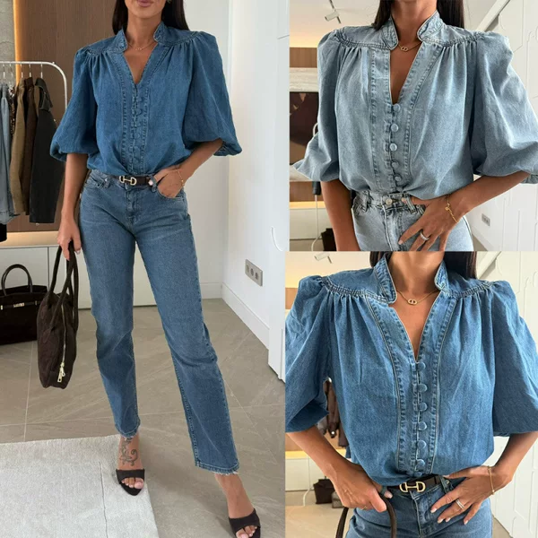 In Stock 89237 Amazon European and American Cross-Border Women's Spring & Fall Fashion Casual Retro Lantern Sleeve V Neck Denim Shirt