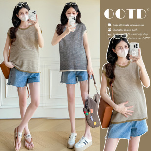 Real Shot of 2025 Maternity Summer Clothing, Fashionable and Elegant New Ice Silk Linen Shirt, Stripesd Slimming Look and Versatile Top