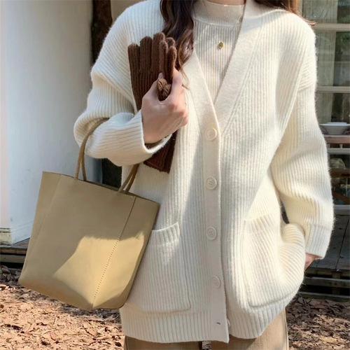 Women's Loose V-neck Soft and Gentle Cream Blue Knit Cardigan Outerwear - New Early Autumn Korean Laid-back Style