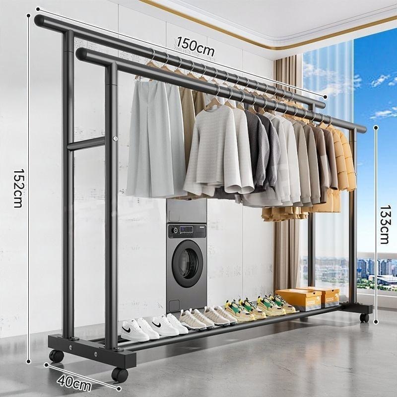 Extra Thick Double-Pole Side Net Dormitory Coat Rack Rental House Mobile Clothes Rack Floor-Standing Household Clothes Rack Outdoor Clothes Drying Rack