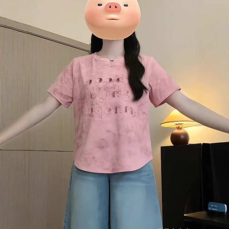 レディース 夏服 大きいサイズ ぽっちゃりさん向け ピンク 若見え 万能 ゆったりトップス デザイン感 スパンコール 文字刺繍 半袖Tシャツ|undefined