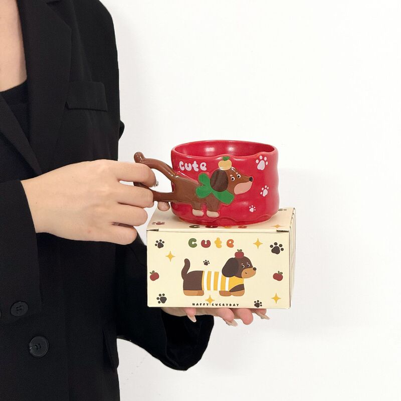 可爱苹果腊肠狗家用喝水杯女生高颜值陶瓷情侣马克杯叠杯伴手礼|undefined