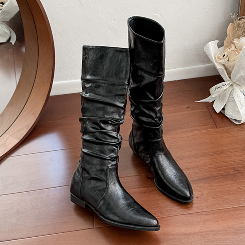 Niche Quality~! Genuine Leather Pointed-Toe High-Heeled Stacked Boots for Petite Women, Height-Increasing and Slimming, Slip-On High Boots, Long Boots