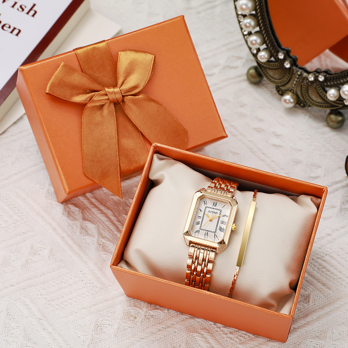 Women's Elegant Fashion Simple Roman Scale Dial Rectangular Niche Steel Band Quartz Watch Simple Bracelet