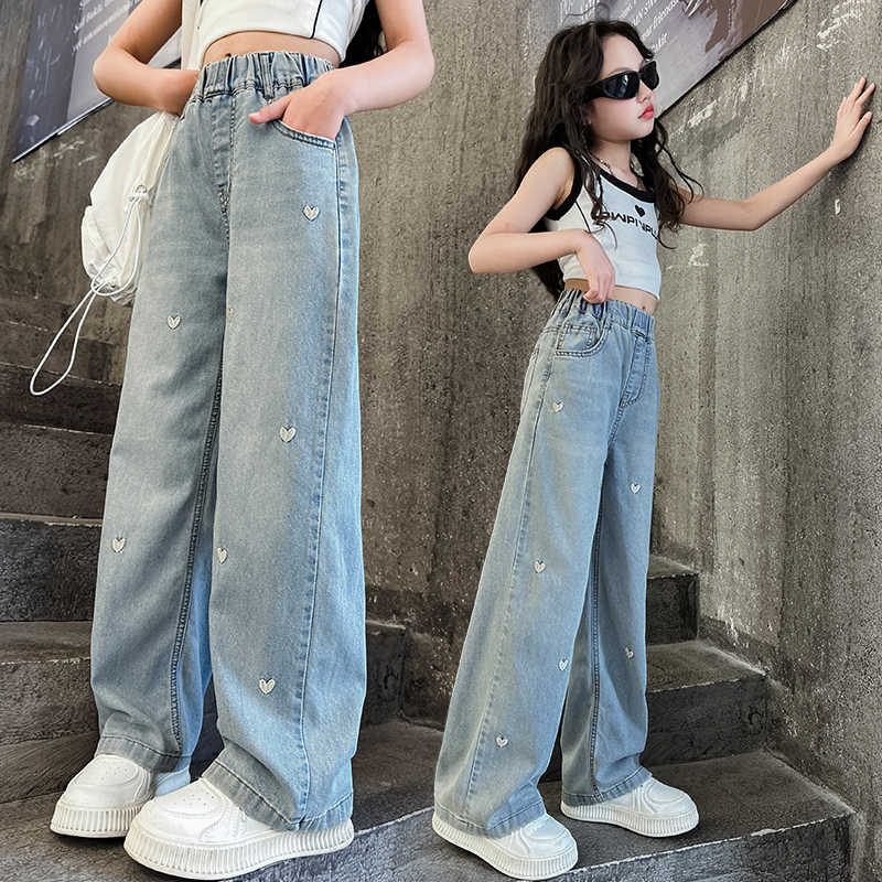 Qiaonika Autumn New Girls' Jeans for Young Children, Straight Wide-Leg Pants, Versatile Washed Casual Children's Long Pants