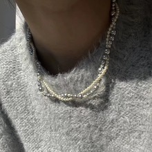 2023年新款银白珍珠缠绕双层磁铁扣项链潮女轻奢时尚高级感锁骨链