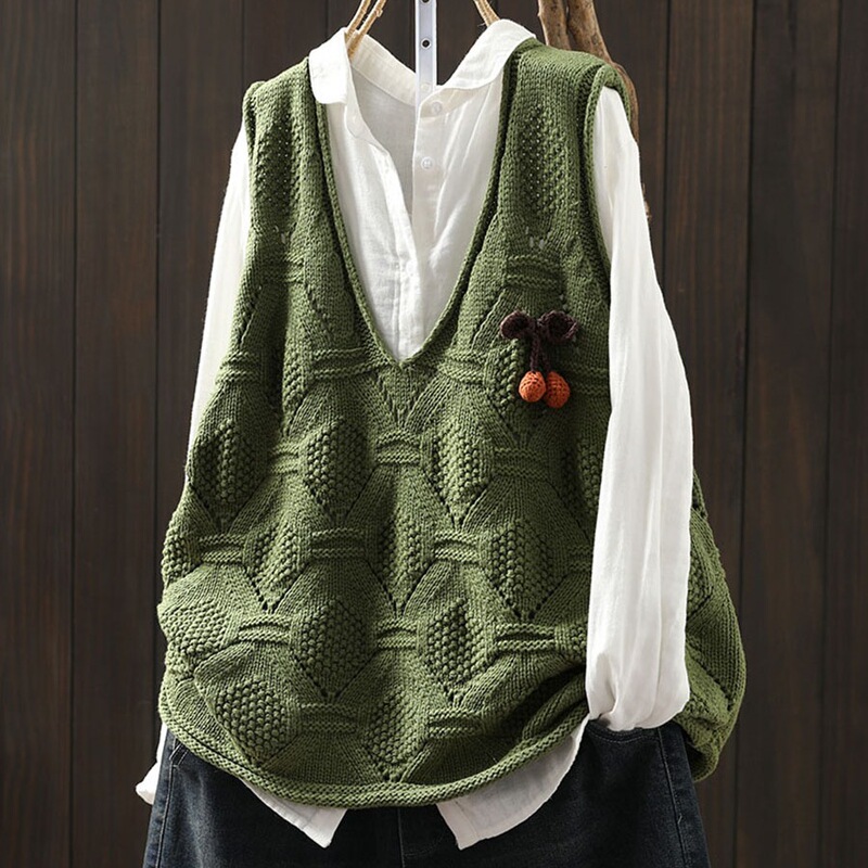 Mom's Vest 2025 New Autum Outer Wear Chic Layered Green Sleeveless Flower Decorated Knitted Top Mom's Vest 2025 New Autum Outer Wear Chic Layered Green Sleeveless Flower Decorated Knitted Top