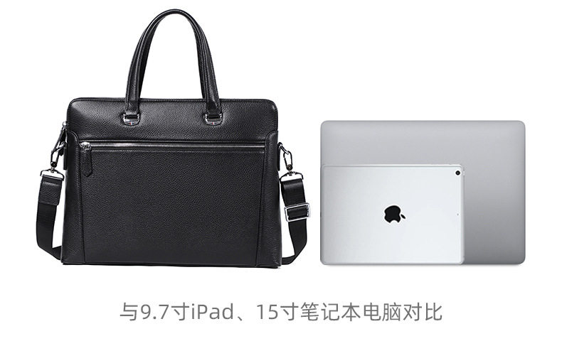 Cặp công sở mỏng da bò thật hai dây kéo, túi xách tay đeo chéo vai cho nam, đựng laptop 14 inch, 38,5×6×28 cm — Màu đen chi tiết 12