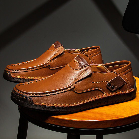Cross-border Semi-managed Hand-stitched Men's Shoes Outdoor Casual Shoes Slip-on Flat Leather Shoes Low-top plus size Loafers