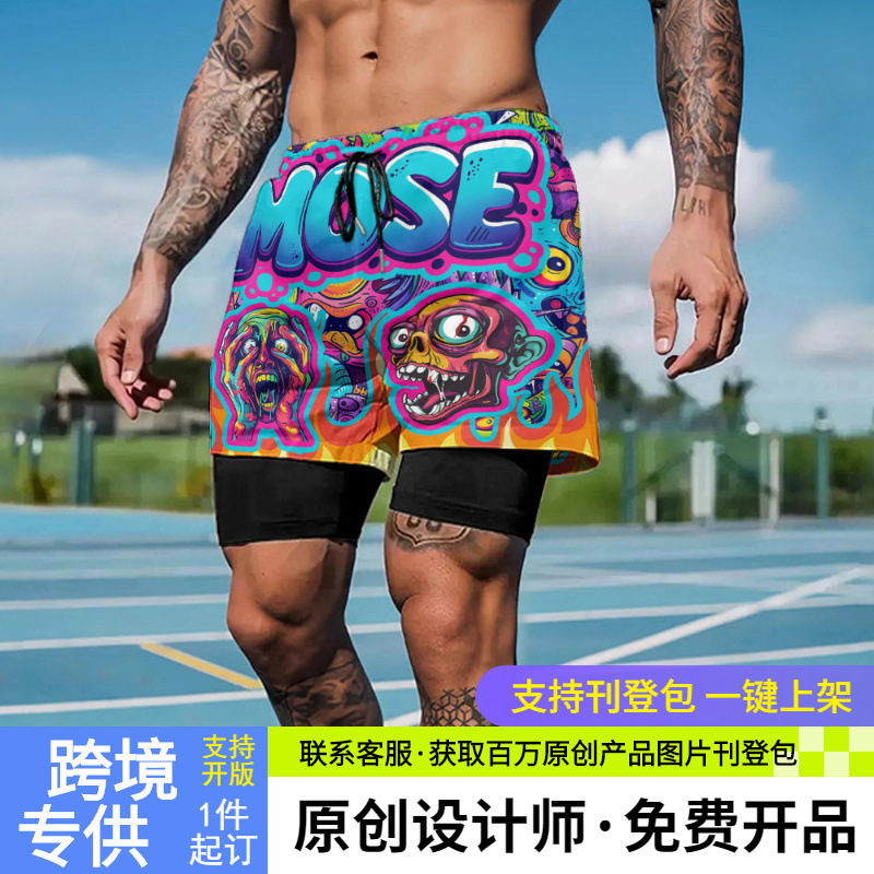 Personalized Cartoon Print American-Style Sports Shorts for Men, Fitness Running Double-Layer Fake Two-Piece Basketball Training Shorts with Lining