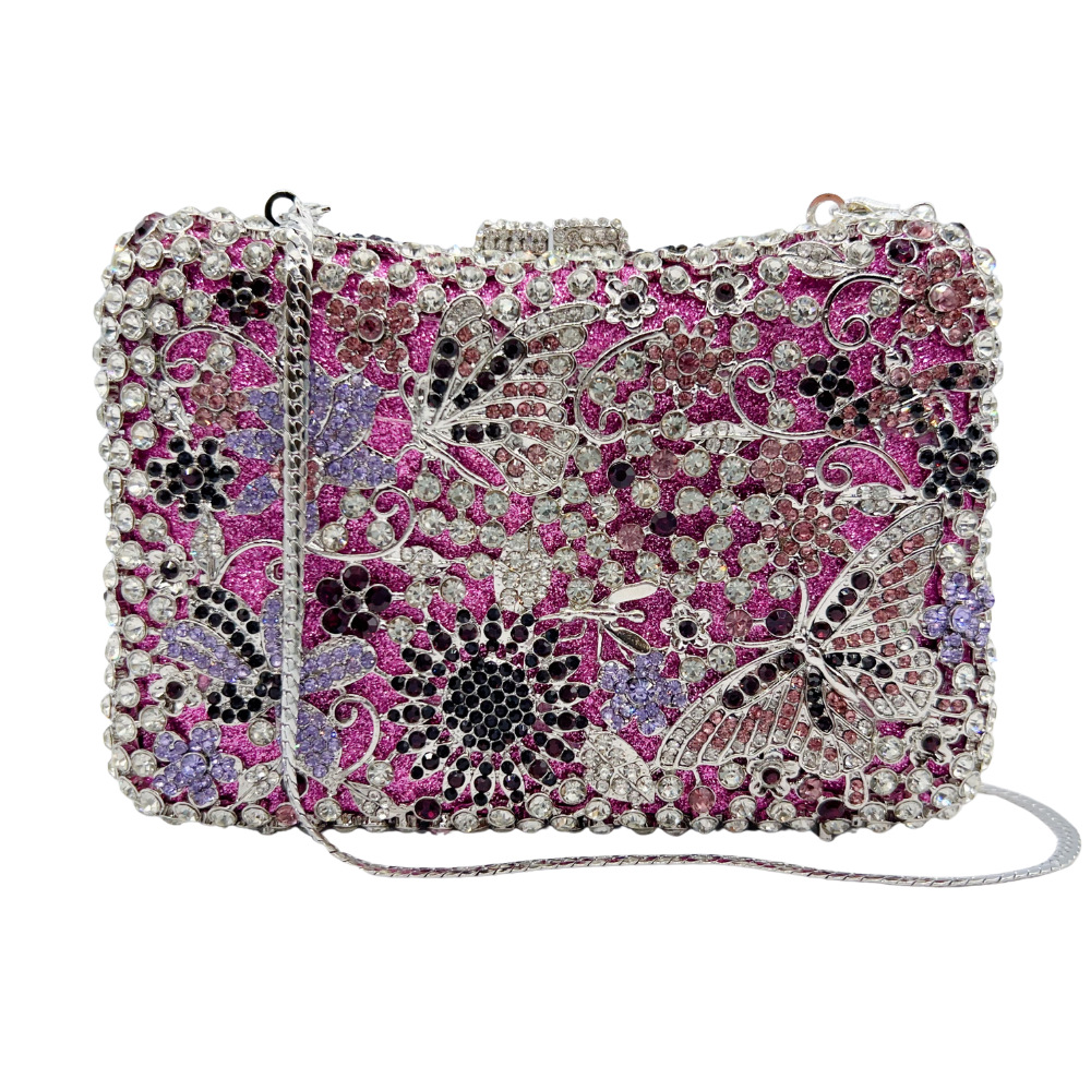 Túi clutch dạ hội đính đá kim cương hoa khoét lỗ, túi xách tay Crystal Clutch — Màu tím, Màu vàng kim, Màu bạc, Màu đen chi tiết 2
