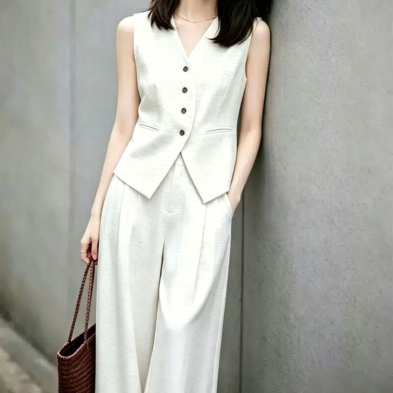 Fashionable Linen Suit for Women 2026 Summer Elegant High-End Cotton-Linen Blazer Vest Top and Wide-Leg Pants Two-Piece Set