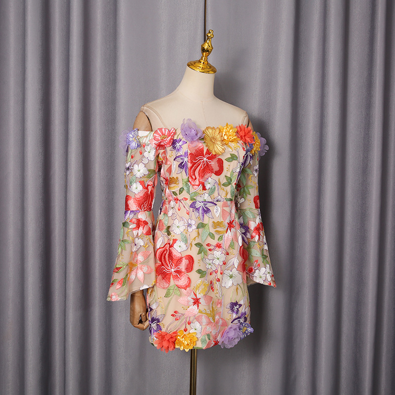 Three Dimensional Floral Cluster Embroidered Bell Sleeve Retro Dress off Neck Dress 16 Three Dimensional Floral Cluster Embroidered Bell Sleeve Retro Dress Off Neck Dress