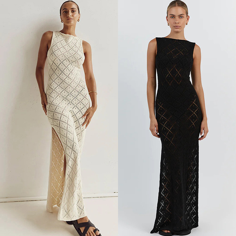 Europea y americana sexy crocheted hueco-fuera de punto split vestido de las mujeres bikini traje de baño al aire libre vacaciones playa blusa