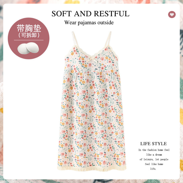 Camisón de verano con el cojín del pecho Correa chica burbuja algodón borla pijamas puro deseo viento sin mangas Delgado lindo homewear