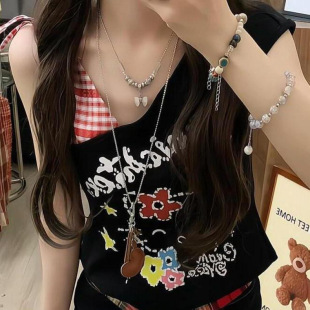 Korean Sweet and Spicy Style Suit American Sexy Plaid Strappy Off-Shoulder Vest T-Shirt Kt Cat Denim Shorts Two-Piece Set