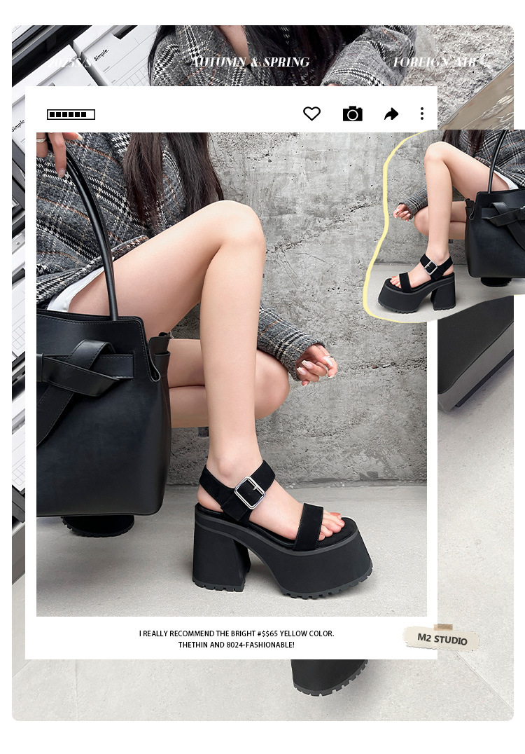Sandal cao gót quai ngang La Mã hở mũi đế siêu dày 11cm — Màu đen, Màu cà phê chi tiết 2