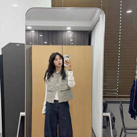 复古文艺菱格夹棉拉链马甲女秋季新款宽松百搭拼多口袋叠穿马夹女