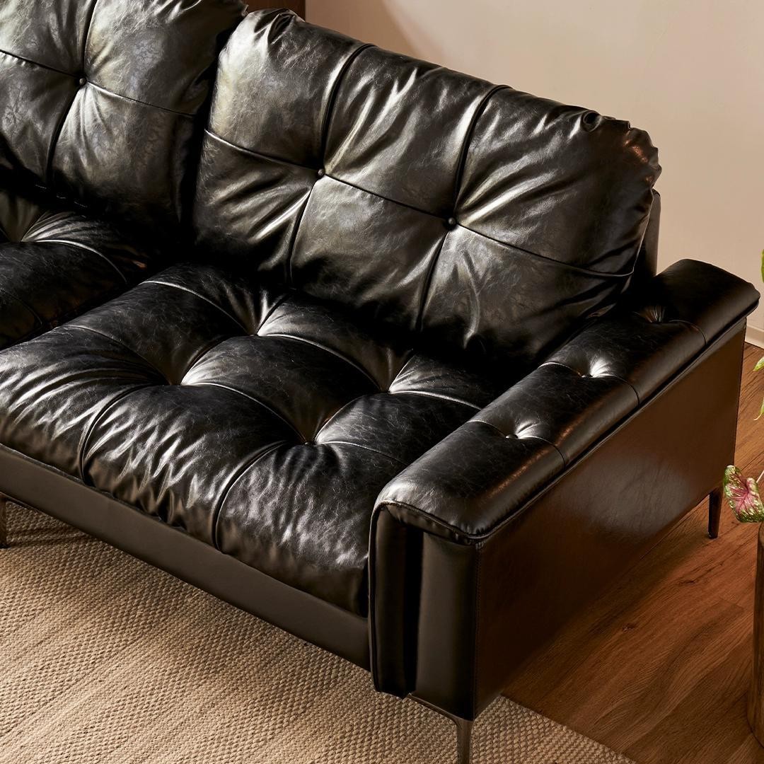 Nebula sofá sofá de cuero de piel de vaca de cera de aceite negro brillante respaldo alto pequeño apartamento retro estilo antiguo estilo Nanyang