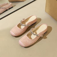 850 Korean version rhinestone flat belt comfortable half drag hollowed out inner height increase toe cap women's shoes round toe suede daily slippers