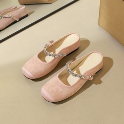 850 Korean version rhinestone flat belt comfortable half drag hollowed out inner height increase toe cap women's shoes round toe suede daily slippers