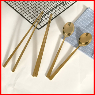 Korean-style Metal Tableware Golden Flat Chopsticks Spoon suit Portable Commercial Home Noodles Sashido Free Shipping