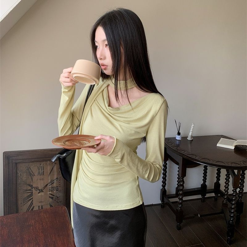 Autumn Design Sense Niche Hanging Neck Swing Collar Long-sleeved T-shirt Slim-fit Slimming All-match Ins Pure Desire Hot Girl Top for Women