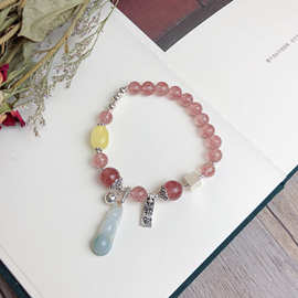 蜜蜡鸽血红草莓晶925银和田玉四季豆荚手串多宝玛瑙手链汉服饰品