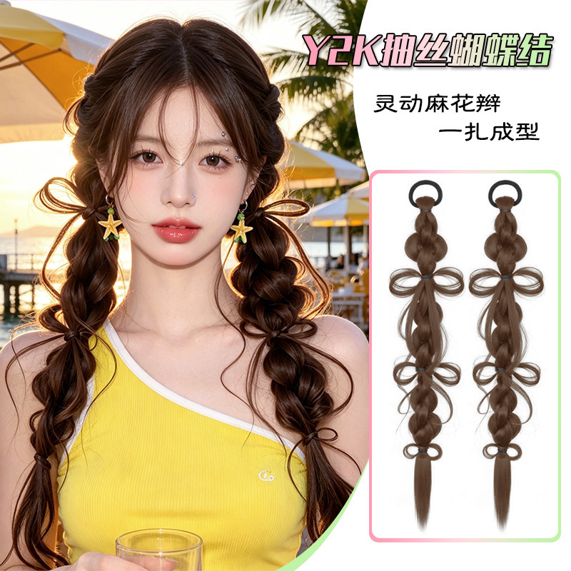 Factory direct sale y2k frayed bowknot braided wig for sweet and cool girls, dopamine double ponytail style Factory direct sale y2k frayed bowknot braided wig for sweet and cool girls, dopamine double ponytail style