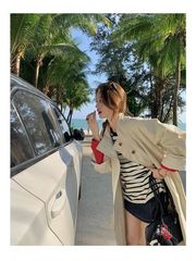 复古气质立领风衣女条纹袖宽松显瘦感长外套卡其色米白色氨纶