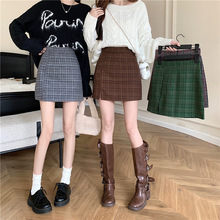实拍 春秋冬季毛呢格子百褶裙半身短裙女a字高腰显瘦包臀jk裙