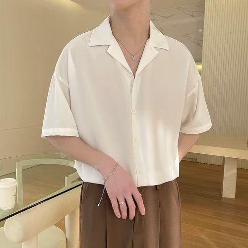 Chic five-sleeve Cuban collar summer origami-style shirt, Japanese minimalist new design standard men's trendy fashion youth popular