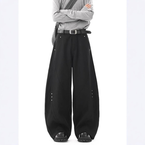 High-end sense rivet cleanfit black curved knife pants for men, spring item, silhouette relaxed wide-leg casual long pants