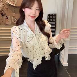 法式荷叶边波点女春夏季2026新款绑带设计感独特别致长袖小衫上衣