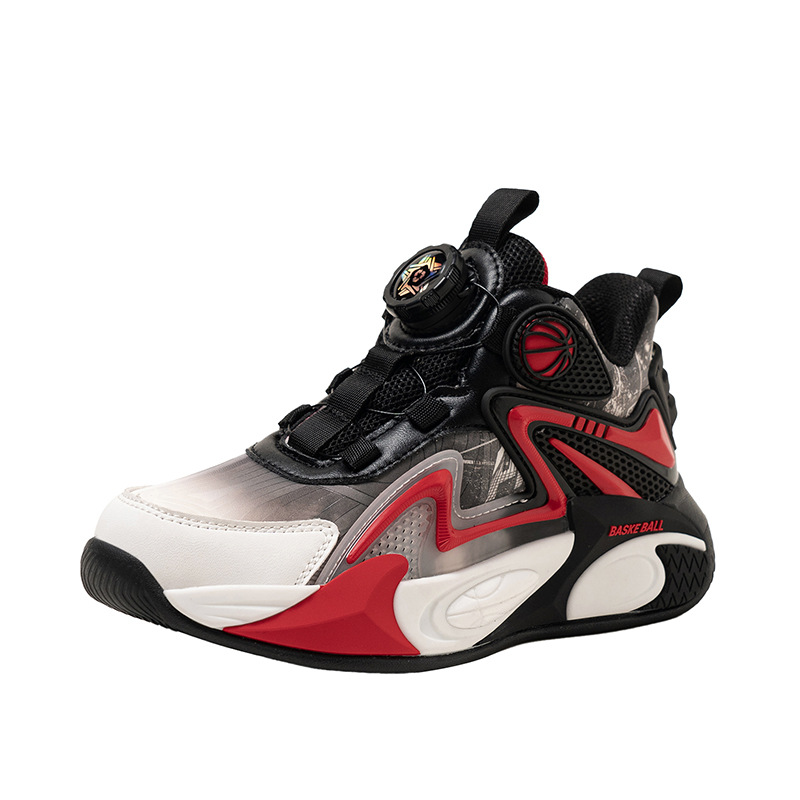 Niños de otoño 2025 nuevos zapatos de baloncesto para niños botones giratorios zapatos deportivos impermeables de cuero para niños