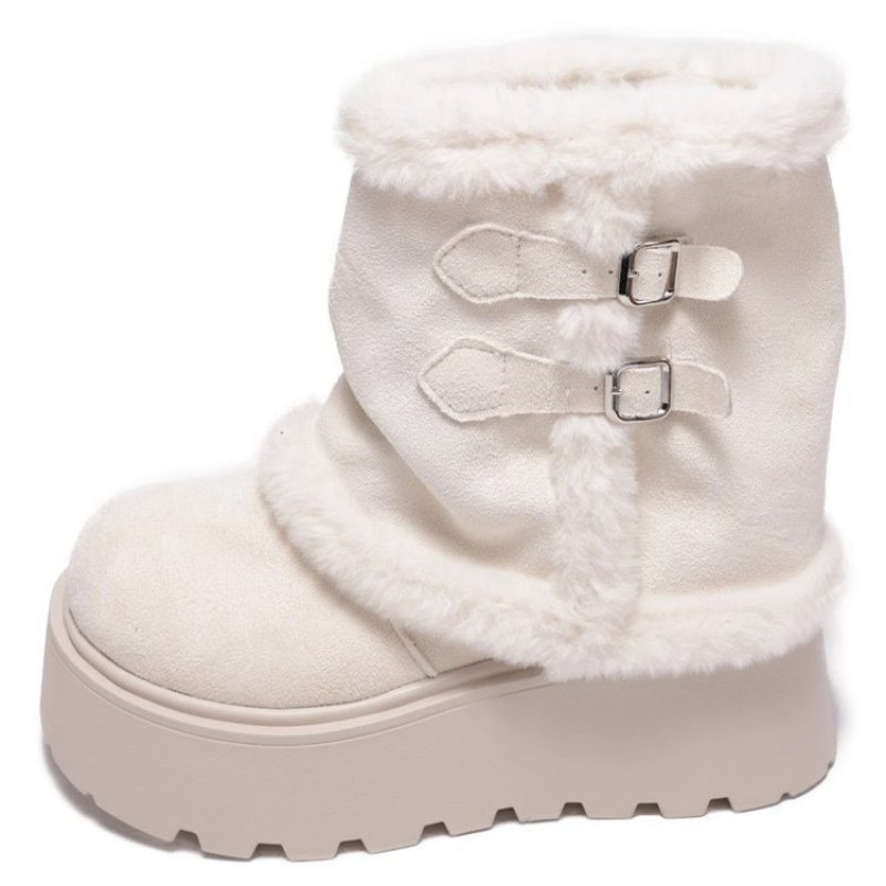 Blanco retro fondo grueso más vello grueso botas de nieve para mujeres 2025 nuevo calentamiento de invierno calzado de algodón de lana noreste