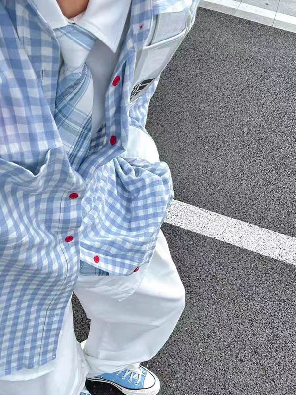 美式复古蓝色格子衬衫外套女2025秋季新款别致宽松休闲防晒衬衣潮|undefined
