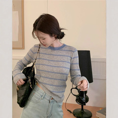 简约小众撞色条纹设计圆领正肩长袖早秋韩版甜美清新显瘦上衣ins