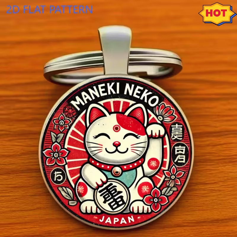 Lucky Cat Keychain - Bring in Wealth and Treasure Cat with Red Floral Pattern, Zinc Alloy Keychain Lucky Cat Keychain - Bring in Wealth and Treasure Cat with Red Floral Pattern, Zinc Alloy Keychain