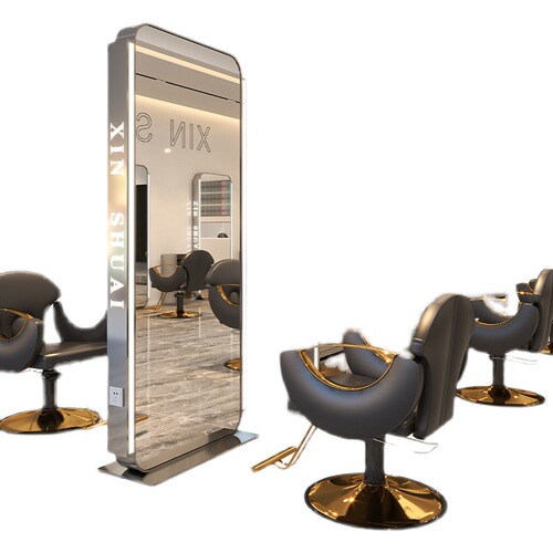 Trendy salon mirror—premium hairdressing mirror designed for salons, featuring a stylish stainless steel floor-standing full-length mirror with built-in lighting